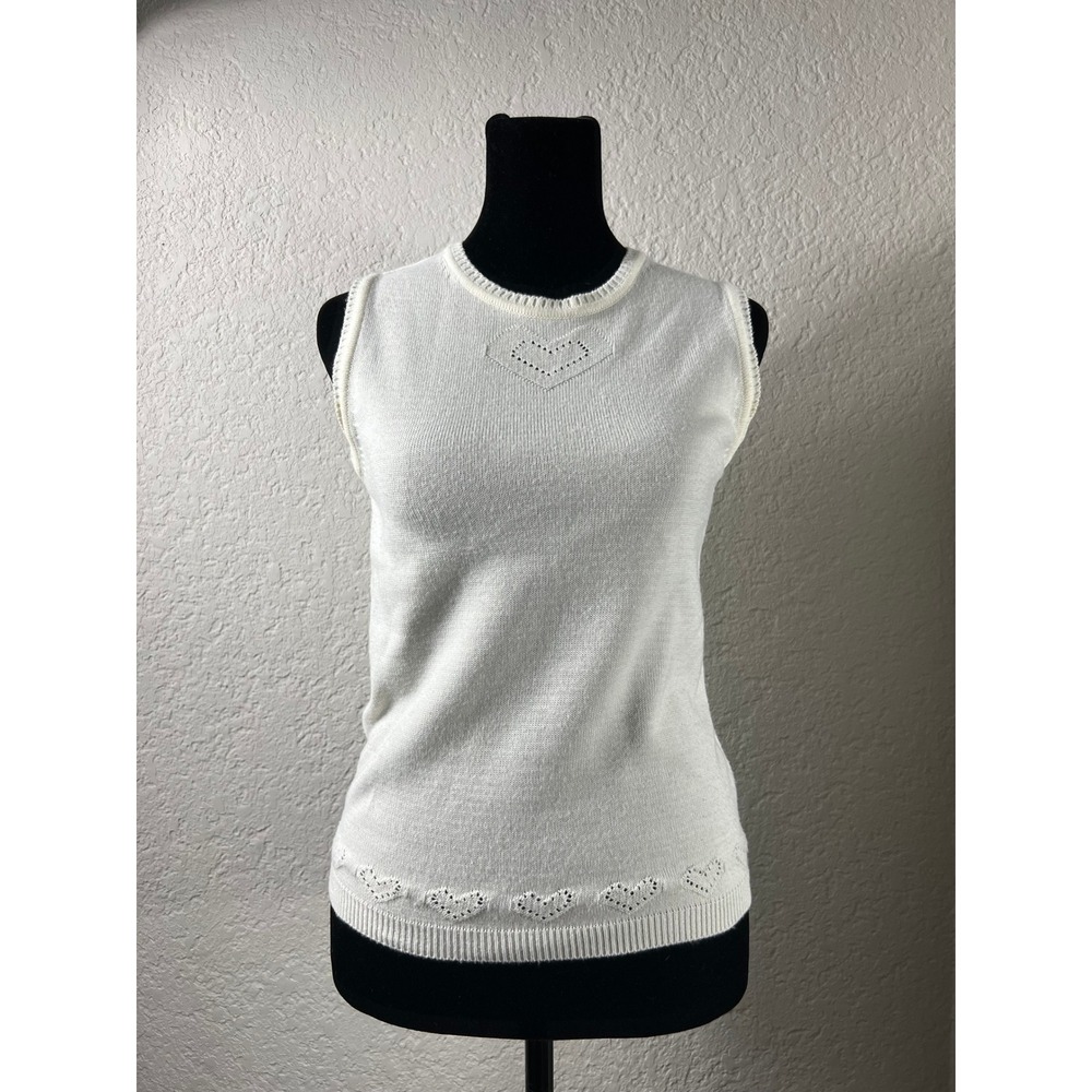 Vtg White Pointelle Heart Knit Sleeveless Top Sweater Vest Coquette Romantic